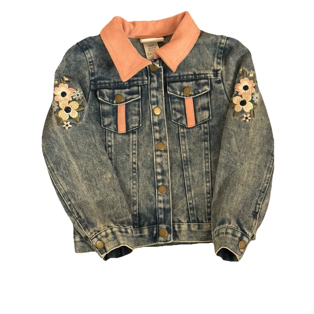 Toddler Girls Denim Jacket Size 5 Pink Floral Accents‎ Button Front Jean Coat